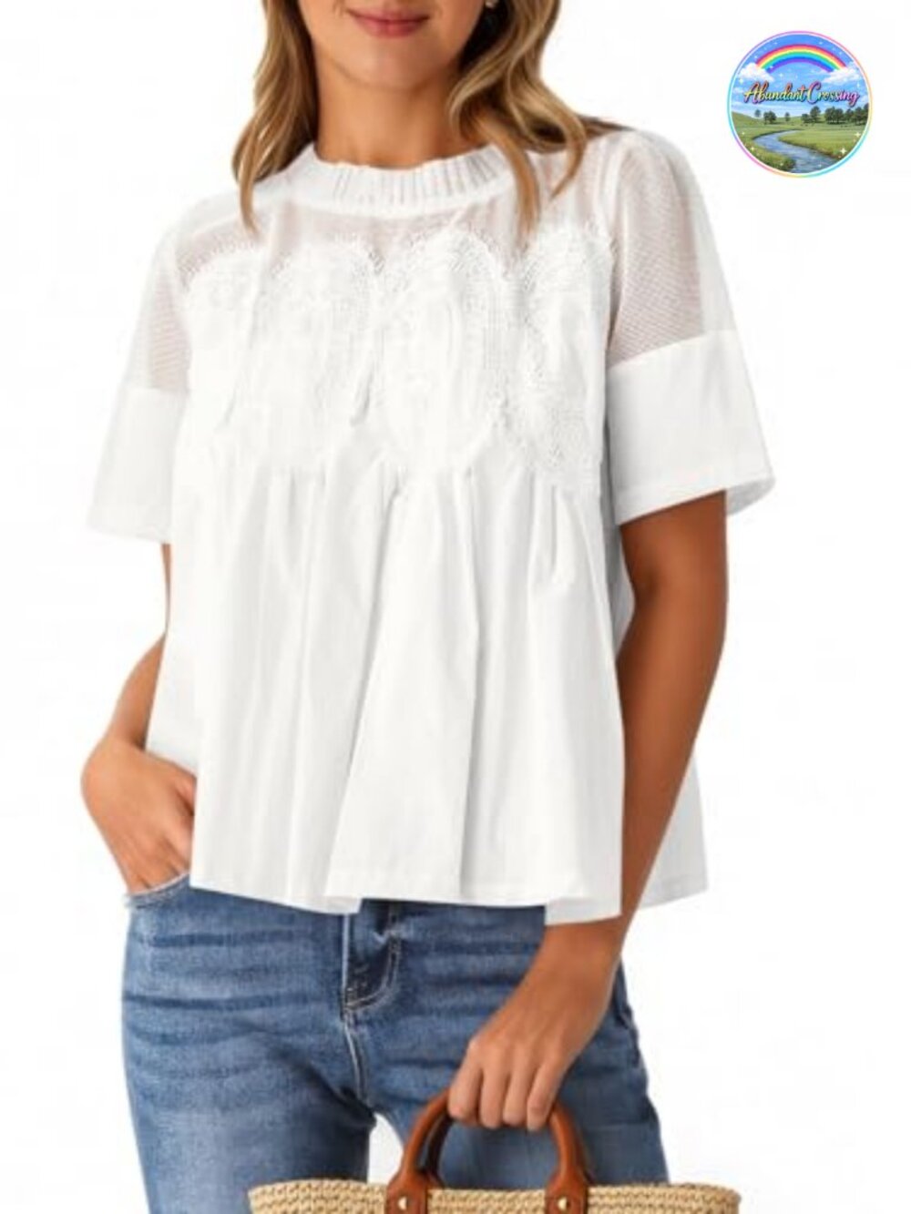 Womens Babydoll Lace Blouse Short Sleeve Peplum Ruffle Neck Flowy Top
